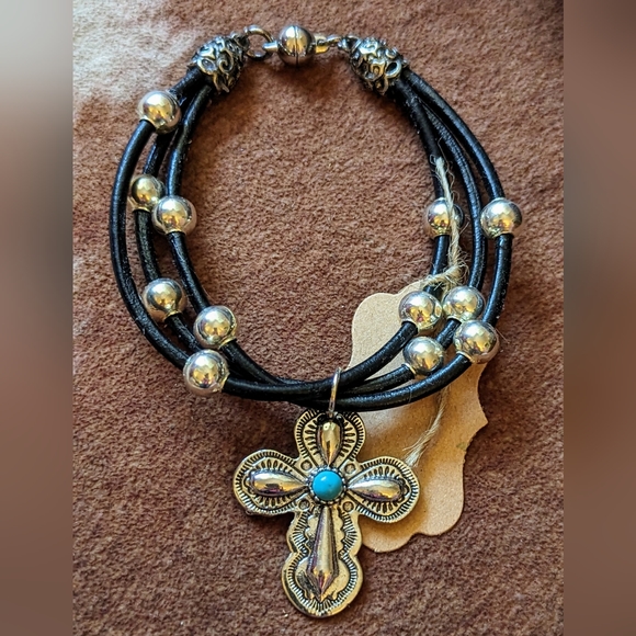 New Handcrafted Black Corded Bracelet With Silver Color Beads and Cross Charm - Picture 6 of 8